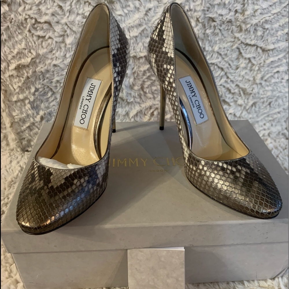 Jimmy Choo ESME 100 gold python pumps